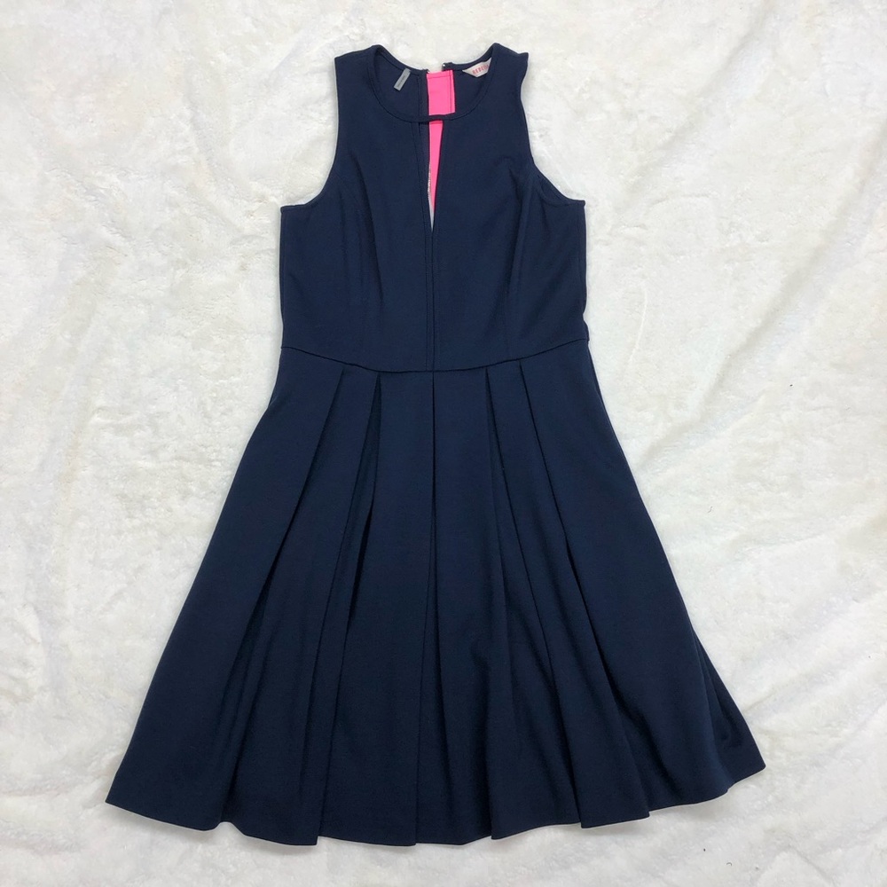 Rebecca Taylor navy blue knee length dress pleats pink zipper fit & flare skater